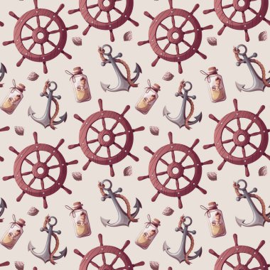 Seamless pattern with ship's steering wheel, anchor, sand bottle. Maritime, sea coast, marine life, nautical concept. Vector illustration.