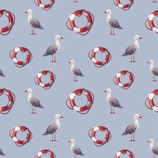 Seamless pattern with seagulls and lifebuoy. Maritime, sea coast, marine life, nautical concept. Vector illustration.