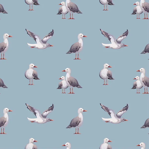 Seamless pattern with seagulls. Maritime, sea coast, marine life, nautical concept. Vector illustration.