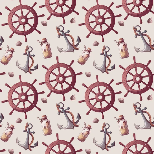 Seamless pattern with ship's steering wheel, anchor, sand bottle. Maritime, sea coast, marine life, nautical concept. Vector illustration.
