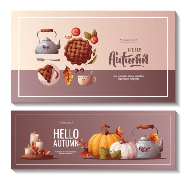 İçinde balkabağı, elmalı turta, sonbahar yaprakları ve kalın süveter olan web sayfaları. Sonbahar, hasat, Şükran Günü, sonbahar konsepti. Vektör çizimi. Web sitesi afiş şablonu.