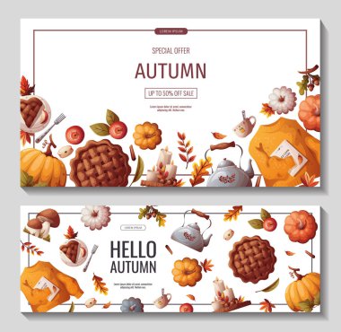 İçinde balkabağı, elmalı turta, sonbahar yaprakları ve kalın süveter olan web sayfaları. Sonbahar, hasat, Şükran Günü, sonbahar konsepti. Vektör çizimi. Web sitesi afiş şablonu.