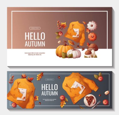İçinde balkabağı, elmalı turta, sonbahar yaprakları ve kalın süveter olan web sayfaları. Sonbahar, hasat, Şükran Günü, sonbahar konsepti. Vektör çizimi. Web sitesi afiş şablonu.