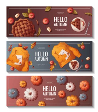 İçinde balkabağı, elmalı turta, sonbahar yaprakları ve kalın süveter olan web sayfaları. Sonbahar, hasat, Şükran Günü, sonbahar konsepti. Vektör çizimi. Web sitesi afiş şablonu.