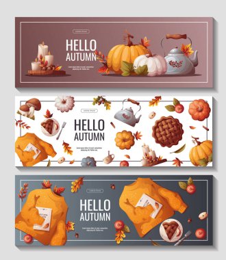 İçinde balkabağı, elmalı turta, sonbahar yaprakları ve kalın süveter olan web sayfaları. Sonbahar, hasat, Şükran Günü, sonbahar konsepti. Vektör çizimi. Web sitesi afiş şablonu.