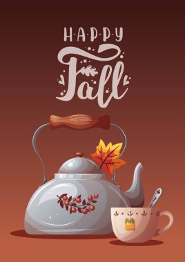 Sonbahar kartı, çaydanlık, çay fincanı ve sonbahar yaprakları. 