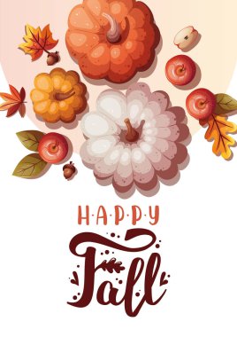 Balkabağı, elma ve sonbahar yapraklı kart tasarımı. Sonbahar, hasat, Şükran Günü, sonbahar konsepti. Vektör çizimi. CArd, kartpostal, poster.