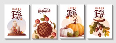 Sonbahar tanıtım broşürleri, balkabakları, elmalı turta ısıtıcısı ve sonbahar yaprakları. Sonbahar, hasat, tatil, sonbahar konsepti. Vektör çizimi. Pankart, broşür, reklam.