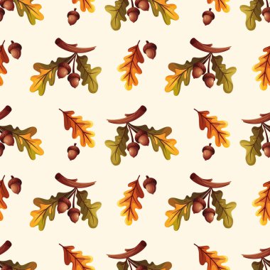 Meşe palamudu ve meşe yapraklarıyla kusursuz desen. Sonbahar, Şükran Günü, sonbahar konsepti. Vektör çizimi. Ürün tasarımı, duvar kağıdı, hatıra defteri için mükemmel..
