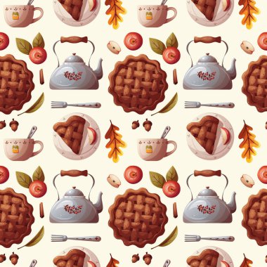 Su ısıtıcısı, bardak ve elmalı turta ile kusursuz desen. Sıcak ev, içki, yemek, kahvaltı, şükran günü, yemek pişirme konsepti. Vektör çizimi. Ürün tasarımı, duvar kağıdı, hatıra defteri için mükemmel..