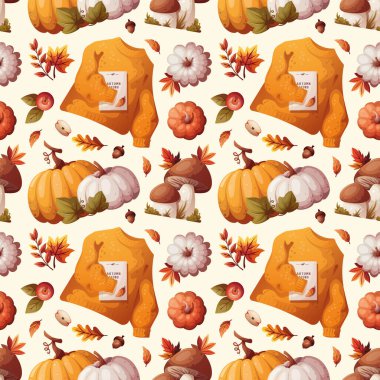 Sarı kazaklı, elmalı, balkabaklı, mantarlı kusursuz desen. Sonbahar, hasat, Şükran Günü, rahat ev, sonbahar konsepti. Vektör çizimi. Ürün tasarımı, duvar kağıdı, hatıra defteri için mükemmel..