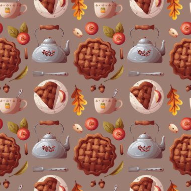 Su ısıtıcısı, bardak ve elmalı turta ile kusursuz desen. Sıcak ev, içki, yemek, kahvaltı, şükran günü, yemek pişirme konsepti. Vektör çizimi. Ürün tasarımı, duvar kağıdı, hatıra defteri için mükemmel..