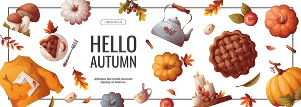 Balkabağı Elmalı Turta Kazak Çaydanlık Mum Sonbahar Yapraklı Sonbahar Reklamı — Stok Vektör