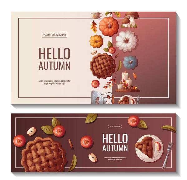 Conjunto Páginas Web Con Calabazas Tarta Manzana Hojas Otoño Suéter — Vector de stock