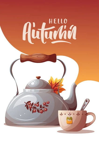 Sonbahar Kartı Çaydanlık Çay Fincanı Sonbahar Yaprağı Hello Autumn Yazısı — Stok Vektör
