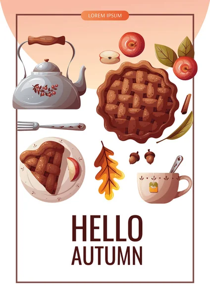 Autumn Promo Sale Flyer Apple Pie Kettle Autumn Leaves Autumn — Stock Vector