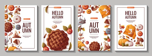 Ensemble Flyers Promotionnels Automne Avec Citrouilles Tarte Aux Pommes Pull — Image vectorielle