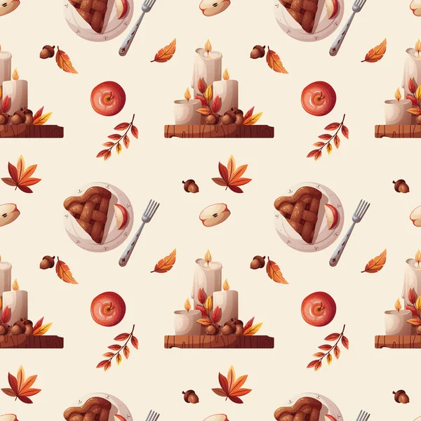 Бесшовный Рисунок Яблоками Пирогом Свечами Осень Жатва День Благодарения Осенняя — стоковый вектор