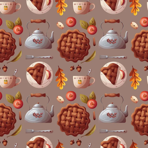 Бесшовный Узор Чайником Чашкой Яблочным Пирогом Уютный Дом Напитки Еда — стоковый вектор