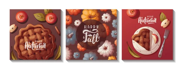 Cartões Outono Quadrados Com Abóboras Torta Maçã Maçãs Outono Colheita — Vetor de Stock