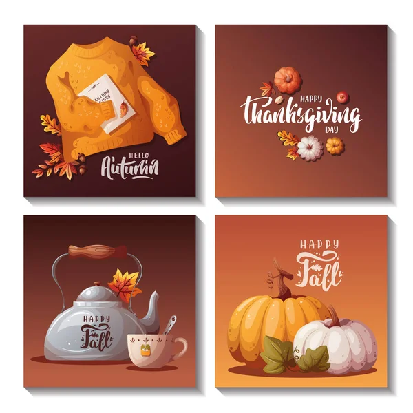 Square Autumn Cards Kettle Autumn Leaves Warm Sweater Pumpkins Autumn — Stock Vector