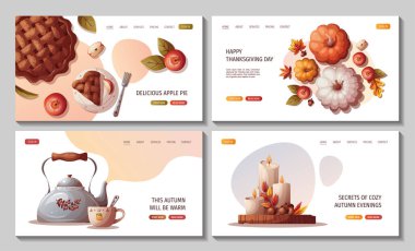 Kabaklı web sayfaları, elmalı turta, çaydanlık, sonbahar yaprakları, meşe palamudu, mantarlar. Sonbahar, hasat, Şükran Günü, sonbahar konsepti. Vektör çizimi. Web sitesi, afiş.