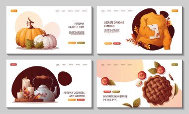 Kabaklı web sayfaları, elmalı turta, çaydanlık, sonbahar yaprakları, meşe palamudu, mantarlar. Sonbahar, hasat, Şükran Günü, sonbahar konsepti. Vektör çizimi. Web sitesi, afiş.