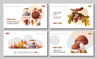 Kabaklı web sayfaları, elmalı turta, çaydanlık, sonbahar yaprakları, meşe palamudu, mantarlar. Sonbahar, hasat, Şükran Günü, sonbahar konsepti. Vektör çizimi. Web sitesi, afiş.
