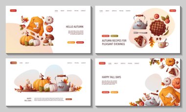 Kabaklı web sayfaları, elmalı turta, çaydanlık, sonbahar yaprakları, meşe palamudu, mantarlar. Sonbahar, hasat, Şükran Günü, sonbahar konsepti. Vektör çizimi. Web sitesi, afiş.