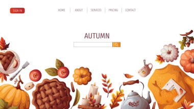 Balkabakları, elmalı turta, mumlar, çaydanlık, sonbahar yaprakları, sıcak süveter. Sonbahar, hasat, Şükran Günü, sonbahar konsepti. Vektör çizimi. Web sitesi afiş şablonu.
