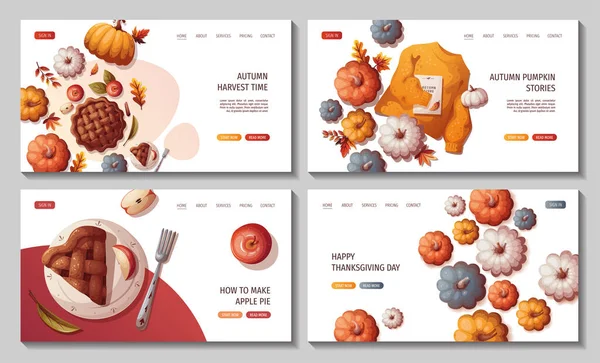 Conjunto Páginas Web Con Calabazas Tarta Manzana Tetera Hojas Otoño — Vector de stock