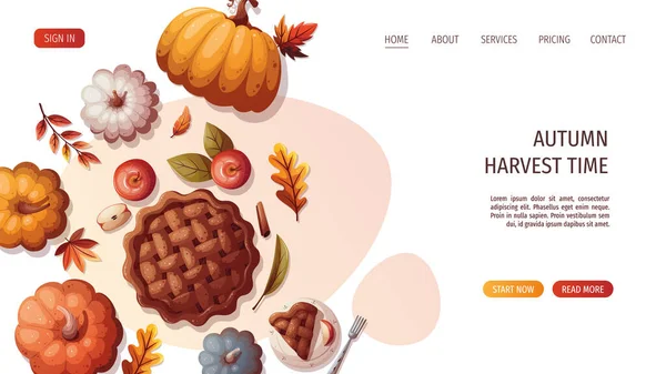Colorful Pumpkins Apple Pie Autumn Leaves Autumn Harvest Thanksgiving Day — Stock Vector