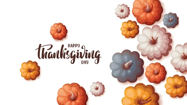 Carte Jour Thanksgiving Avec Des Citrouilles Colorées Lettrage Manuscrit Automne — Image vectorielle