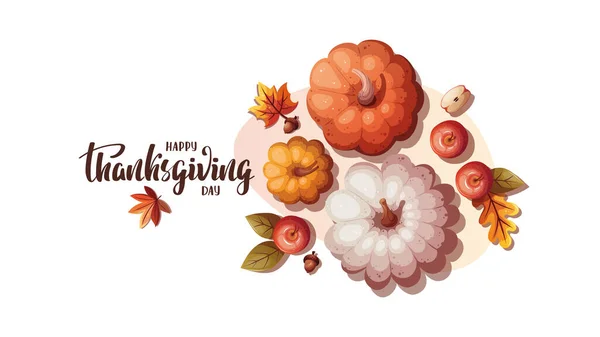 Thanksgiving Dagkaart Met Kleurrijke Pompoenen Handgeschreven Letters Herfst Oogst Feestelijk — Stockvector