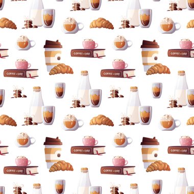 Kahve fincanı, süt ve kruvasan desenli.