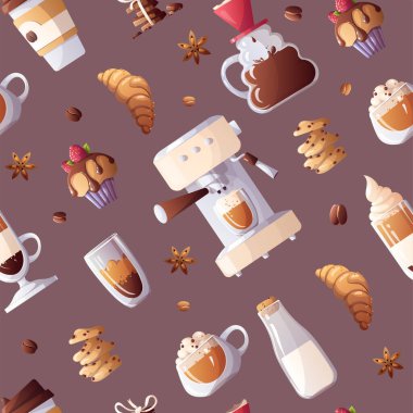 Kahve fincanı, kruvasan, kekin dikişsiz deseni.