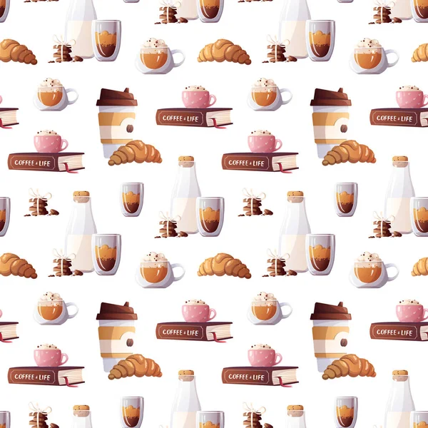 Kahve fincanı, süt ve kruvasan desenli.