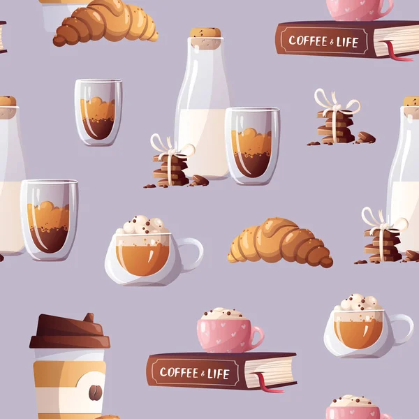 Kahve fincanı, süt ve kruvasan desenli.