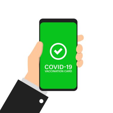 Telefondan COVID sertifikası, el ele tutuşmalar. Dijital aşı pasaportu. Vektör illüstrasyon kavramı.