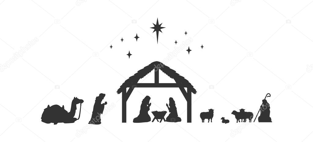 Biblical Christmas story. Baby Jesus in the manger with Mary and Joseph. The Holy Family in stable. Silhouette vector illustration 