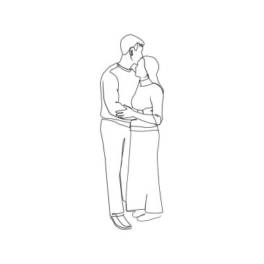 Man woman silhouettes art poster, love minimal greeting card. One line couple. Vector illustration