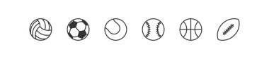 Spor topu siyah çizgi simgesi seti. Voleybol, futbol, tenis, beyzbol, basketbol düz yalıtılmış vektör 