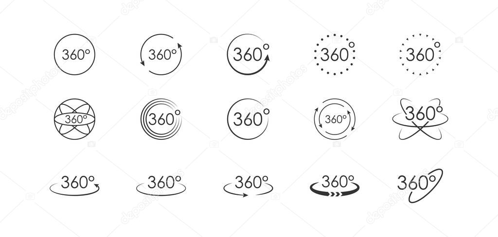 360 degree view set icon. Vector arrows circle, isolated logo on white background