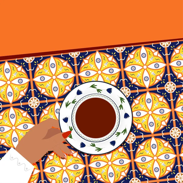 Ένα Φλιτζάνι Τσάι Στο Γυναικείο Χέρι Διακοσμημένο Τραπέζι Από Πάνω — Διανυσματικό Αρχείο