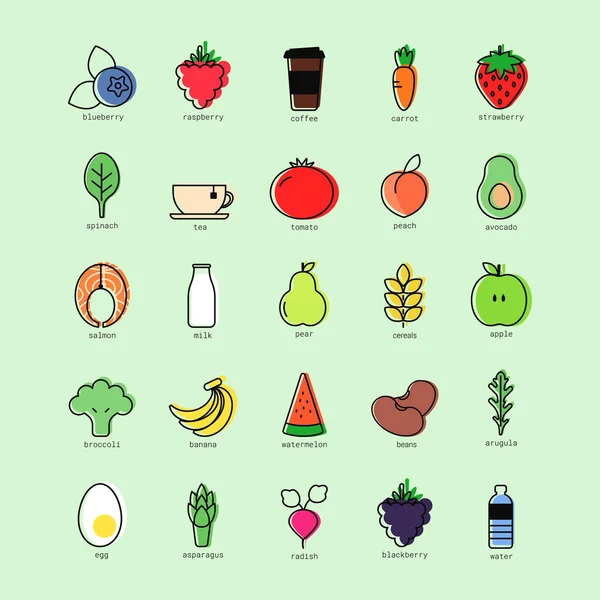 Voedsel Pictogrammen Ingesteld Gezonde Producten Gekleurd Eten Drinken Pictogrammen Vectorillustratie — Stockvector