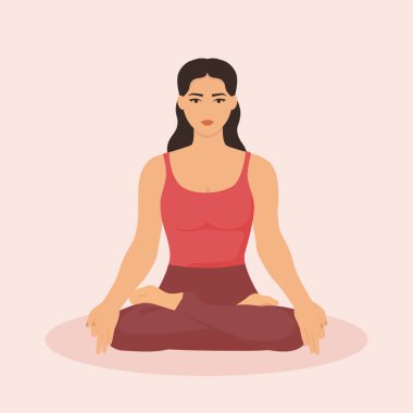Genç beyaz kadın nilüfer çiçeği pozunda meditasyon yapıyor. Kadın bacak bacak üstüne atmış ve huzurlu bir yüzle oturuyor. Padmasana yoga pozu. Vektör illüstrasyonu.