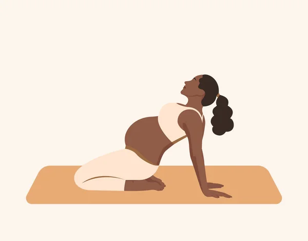 Genç Afrikalı Amerikalı hamile kadın spor yapıyor. Hamile kadınlar için yoga. Vektör illüstrasyonu.