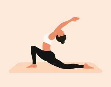 Yoga yapan genç bir kadın. Yüzsüz kadın karakter yoga yapıyor, esneme hareketleri yapıyor ve denge egzersizleri yapıyor. Hilal hamlesi ya da Anjaneyasana yoga pozu. Düz vektör illüstrasyonu.