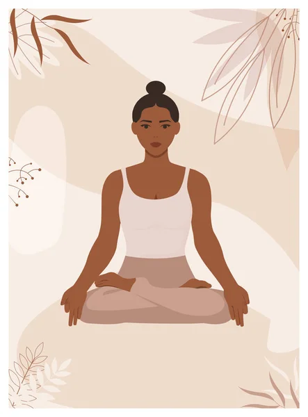 Afro-Amerikalı kadın, çiçekli ve soyut arka planda nilüfer çiçekli poz verir. Yogini 'li güzel poster. Padmasana pozu vermiş genç siyah bir kadın. Vektör illüstrasyonu.