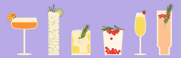 Set Cocktail Illustrazione Bevande Festive Diversi Tipi Bicchieri Con Decorazione — Vettoriale Stock